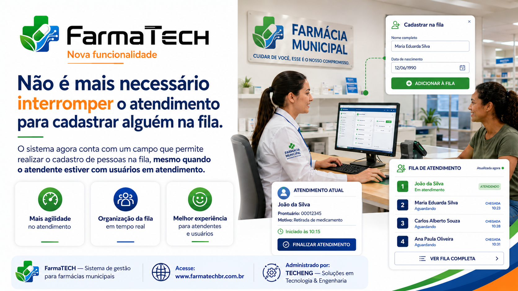 Apresentação visual do FarmaTECH com funcionalidade de fila